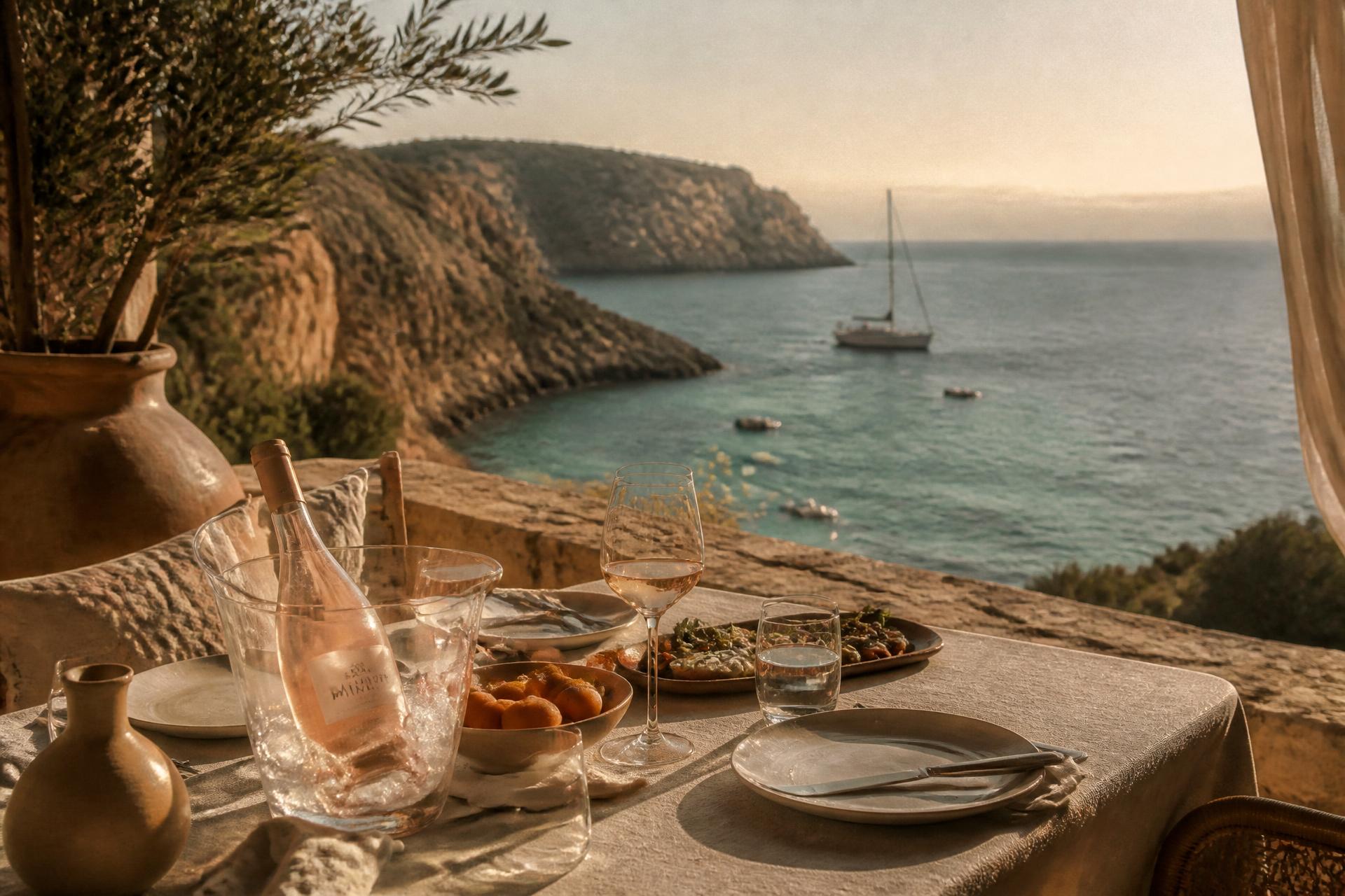 A sunset table set with Maison Cala rosé above a turquoise Mediterranean cove
